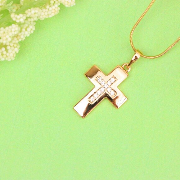 "Rose Gold Cross Pendant with Inset CZ Accents in Glossy Finish, XPPT1847 - Picture 4 of 13